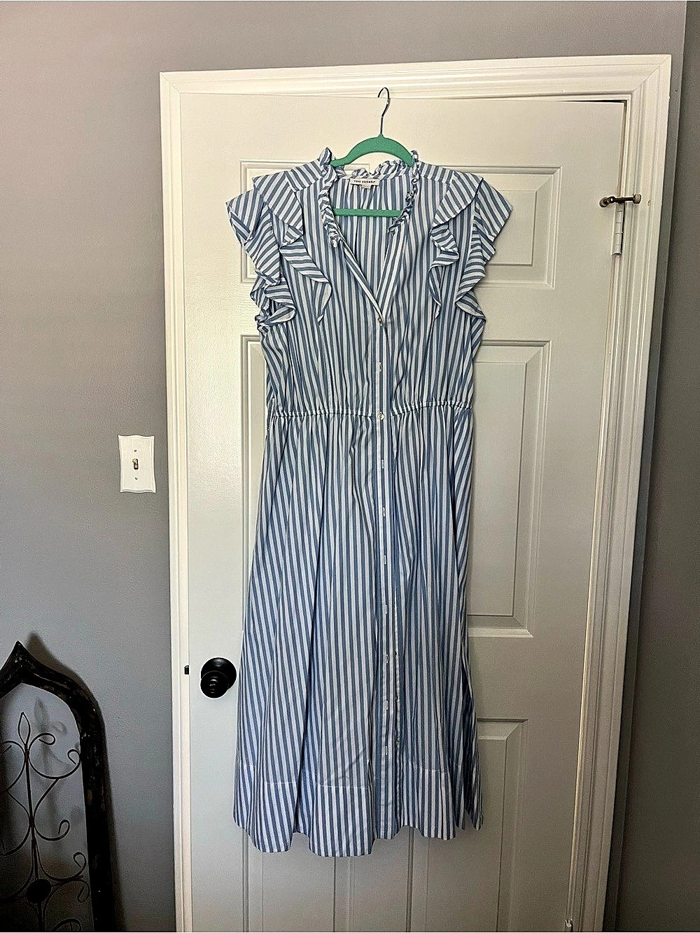 Free Assembly Ruffle-Collar Button-Down Striped Linen Blend Midi